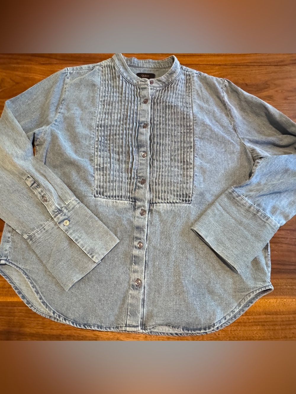 Quince Light Blue Denim Button-Down Shirt with Pintuck Front